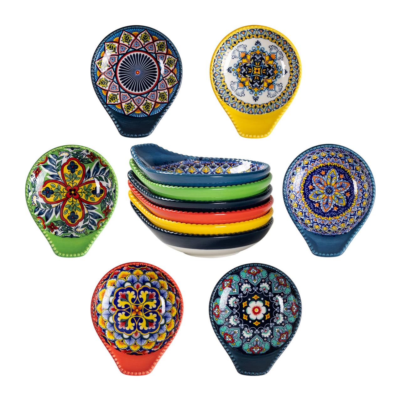 HENXFEN LEAD Dipping Bowls Ceramic, 12cm Sauce Dishes Small Snack Bowls Set for Sauce, Soy, Sushi, Snack. Colourful, Pack of 6 - Bohemian Style