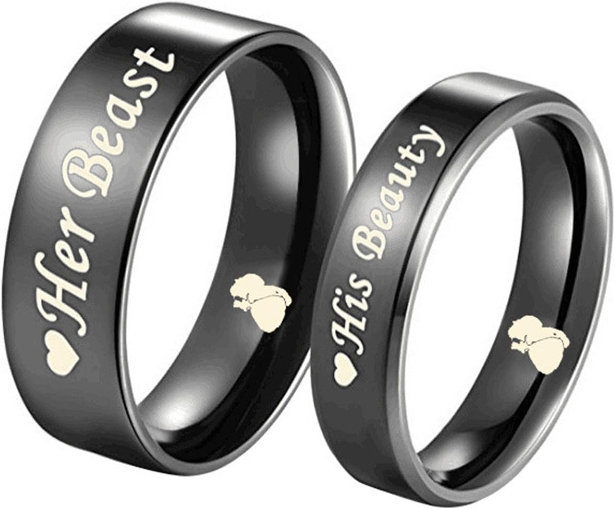 His Beauty Her Beast Couple Ring Set Wedding Band Anniversary Engagement Promise Ring (7, women(titanium-stainless-steel))