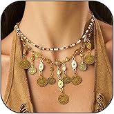 TACBSP Boho Coin Charm Necklace for Women Layered Pirate Necklace Gold Coin Beaded Pendant Necklace Chunky Coins Tassel Ethnic Gypsy Costume Accessories Jewelry Gifts