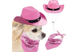 AWOCAN Dog Cowboy Hat and Bandana Scarf Dog Cat Sombrero Puppy Hat Dog Cat Costume Cosplay Cap Puppy Pet Dog Cat Holiday Pet Party Decoration (Pink)