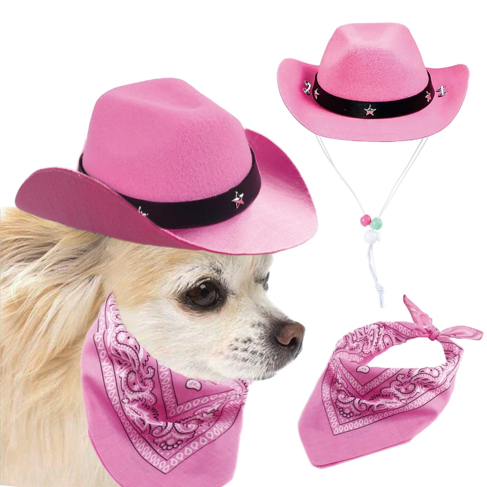 AWOCAN Dog Cowboy Hat and Bandana Scarf, Sombrero Puppy Hat, Pet Costume Cosplay Cap, Holiday Party Decoration (Pink)
