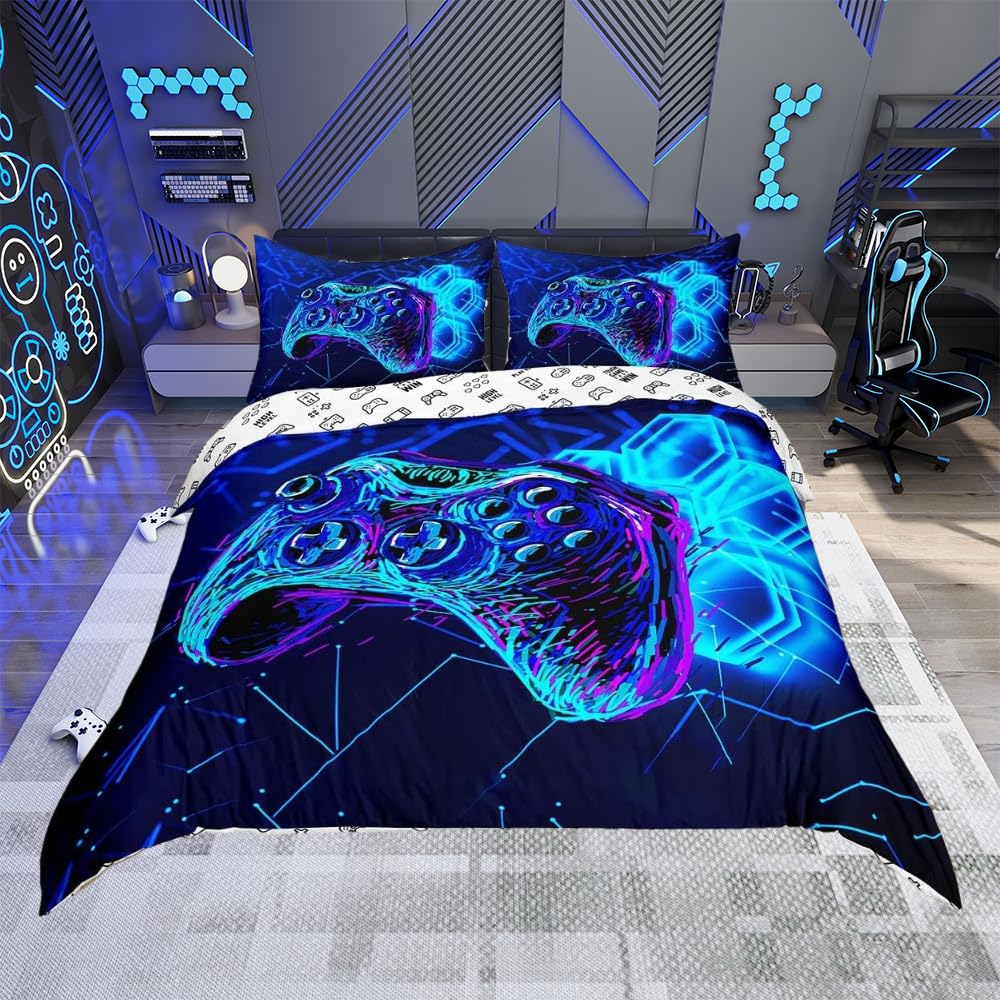 Kids Gamepad Duvet Cover Blue Game Controller Bedding Set for Boys Girls Decor Teens Modern Gamer Comforter Cover Gaming Console Bedspread Cover 3Pcs Zipper Double Size