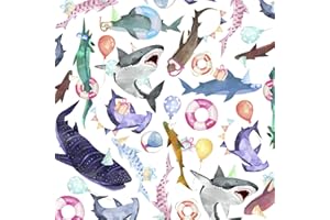Colors of Rainbow Flat Sheet Wrapping Paper Featuring Hammerheads Great Whites Whale Sharks Tiger Sharks Wearing Party Hats and Glasses Gift Wrap (Shark Party)