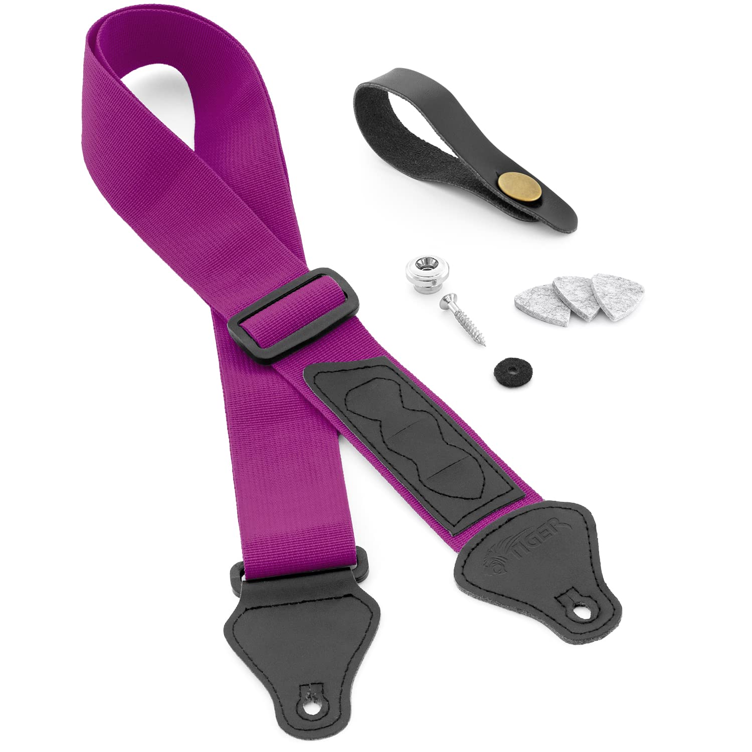 Tiger Ukulele Strap Pack - Purple, Fabric, Single, Solid - Includes Strap, Headstock Neck Tie, Strap Button/End Pin, 3 Felt Picks - Suitable for Soprano, Concert, Tenor and Baritone Ukes