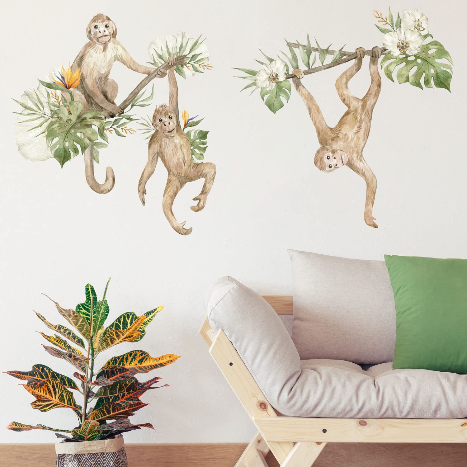Stickerscape Watercolour Safari Wall Stickers (Monkeys - Large Size) | Jungle Wall Stickers for a Children's Bedroom or Nursery | Easy to Apply and Cleanly Removable — image 1