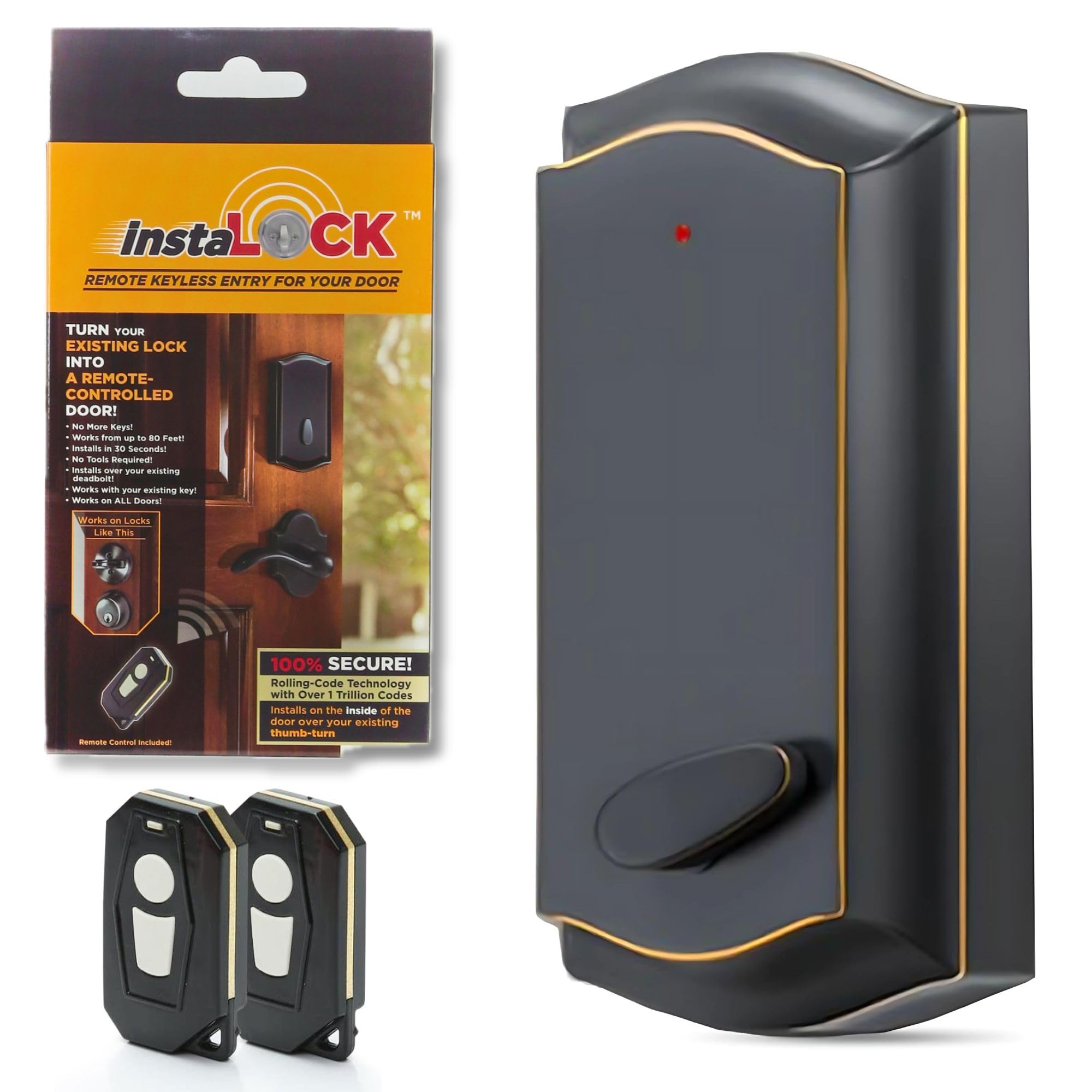 Photo 1 of InstaLock Smart Remote Door Lock for Existing Deadbolt - Installs in 30 Seconds - Enjoy Automatic Keyless Entry with Tool Free Installation - Includes Conversion Kit and Two Wireless Remotes (Bronze)