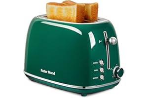 2 Slice Toaster Roter Mond Retro Stainless Steel Toaster with Bagel, Cancel, Defrost Function and 6 Bread Shade Settings Bread Toaster, Extra Wide Slot and Removable Crumb Tray, Green