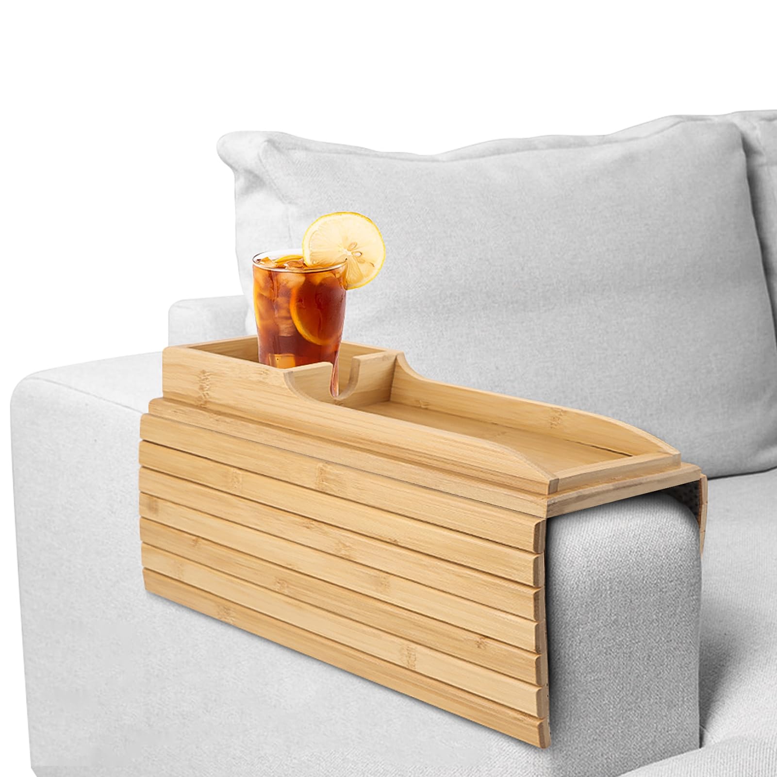 Bamboo Sofa Armrest Tray With Cup Holder, Anti-Slip Foldable Table for Drinks, Cellphone, Remote Control