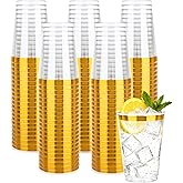 Ciselure 200 Pack Gold Plastic Cups, 12 Oz Clear Disposable Cups with Gold Rim, Heavy Duty Cocktail Cups for Party, Wedding and Daily Use