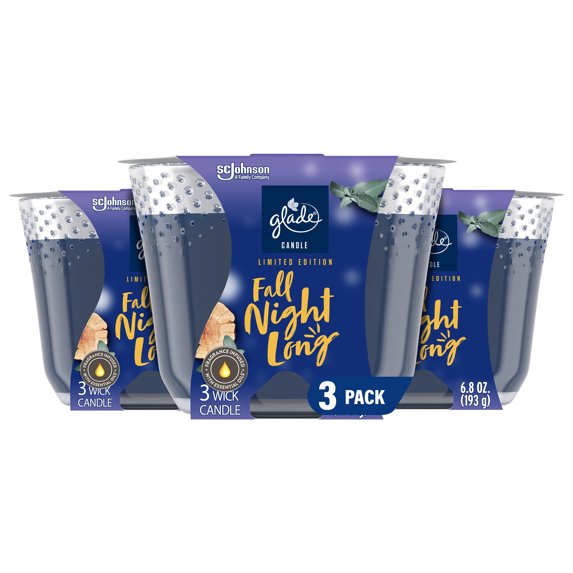 Glade Candle Fall Night Long, Fragrance Candle Infused with Essential Oils, Air Freshener Candle, 3-Wick Candle, 6.8oz, 3 Count