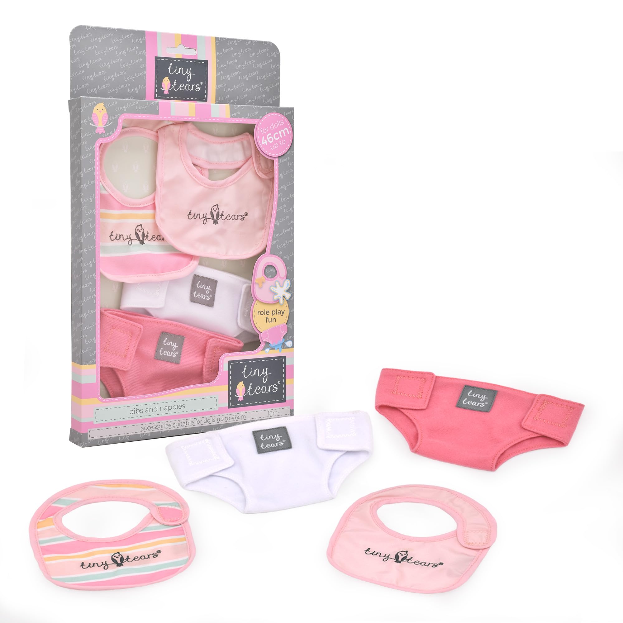 John Adams | Tiny Tears - Bibs & Nappies Set: One of the UK's best loved doll brands! | Nurturing Doll Accessories | Ages 18m+, Pink