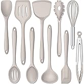 E-far 10 Pieces Silicone Cooking Utensils Set, Heat Resistant Kitchen Utensil Set for Nonstick Cookware, Kitchen Cooking Tools with Spatula, Spoon, Slotted Turner, Non-Toxic & Dishwasher Safe (Khaki)
