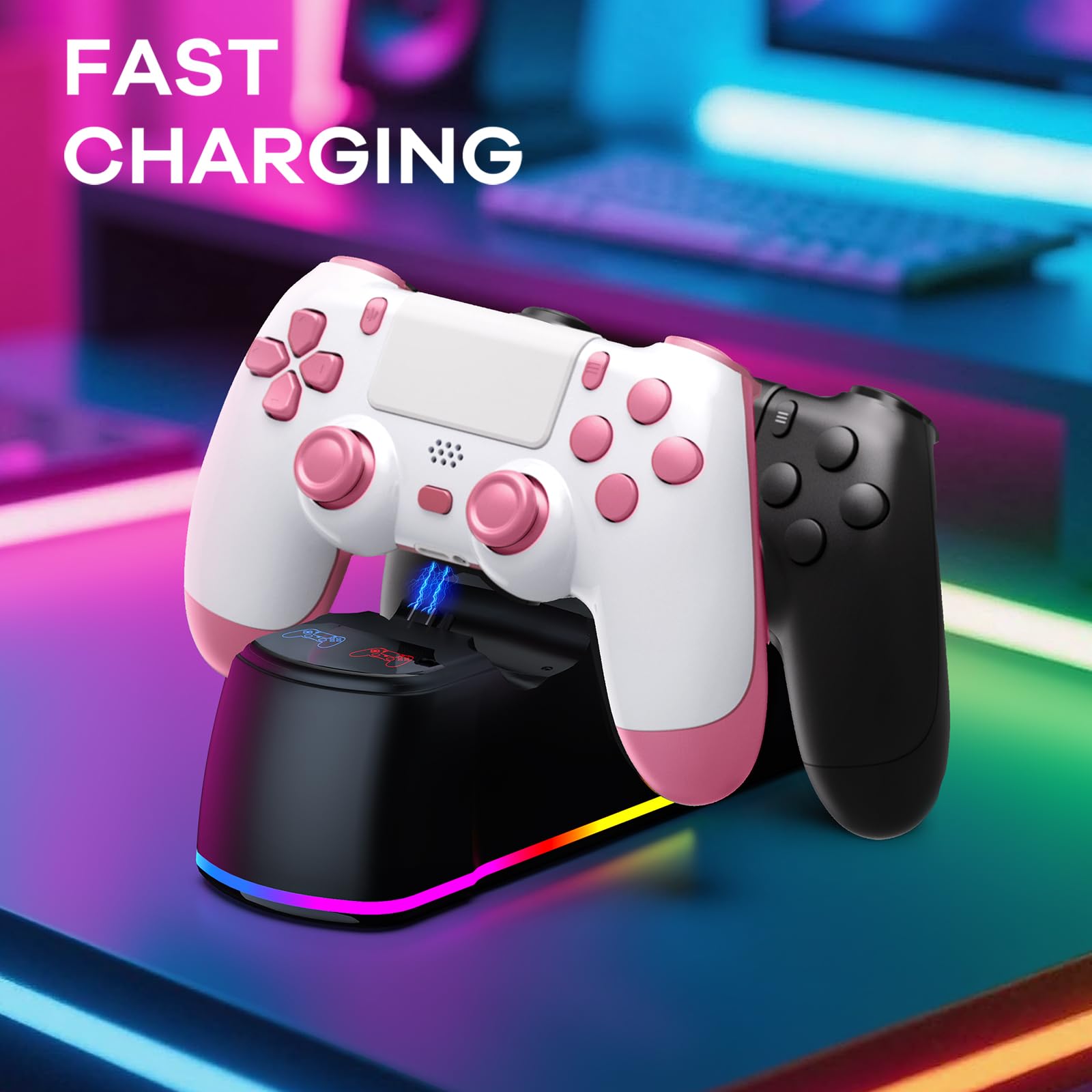 AROEVEIB 2 Pack Controller with Charger Dock for PS4 Wireless Game Controller, with LED Charging Dock Station, 2 USB Cable