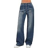 Emmiol Women Wide Leg Jeans Tummy Control Waisted Straight Stretchy Denim Pants with Pockets