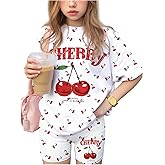 RoseSeek Girl's 2 Piece Summer Outfits Cherry Graphic Tees and Biker Shorts Cute Clothing Set