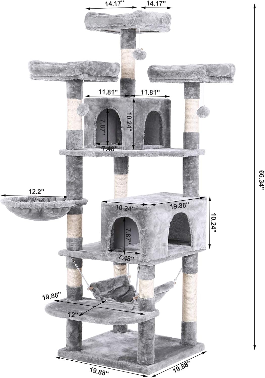 BEWISHOME Cat Tree 66.3 Inch Multi-Level Large Cat Tower with Plush Top Perches, Sisal Scratching Post Cat Play house Kitty Activity Center MMJ14L : Pet Supplies