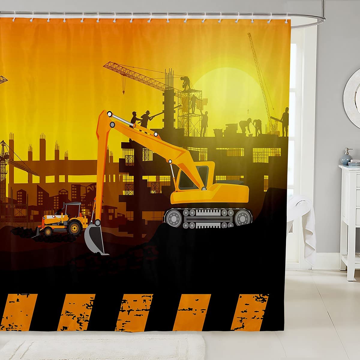 Excavator Bath Curtain Construction Site Cars Shower Curtain for Boys Girls Children Equipment Trucks Bathroom Curtain Construction Vehicles 72x72 Inch