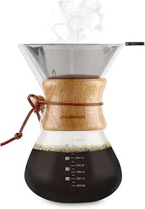Redlemon Cafetera Individual tipo Chemex Grande (800 ml) con Filtro  Reutilizable de Acero Inoxidable, Cafetera de Goteo para 4 Tazas de Café,  Agarradera de Bambú y Vidrio de Borosilicato : Amazon.com.mx: Hogar