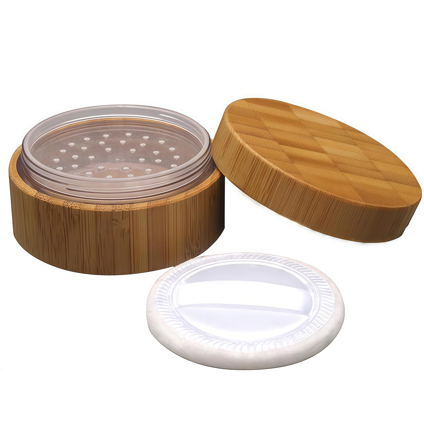 1Pcs 30G/1oz Empty Bamboo Appearance Loose Powder Box Bottle Jar Pot Container with Sifter and Sponge Puff - Make Up Jar Case Cosmetic Storage Container