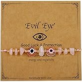 Pingyongchang Evil Eye Irregular Crystal Stone Beads Bracelet Handmade Protection Good Luck Adjustable Rope Bracelet Inspirational Amulet Kabbalah Bracelets with Gift Card for Women