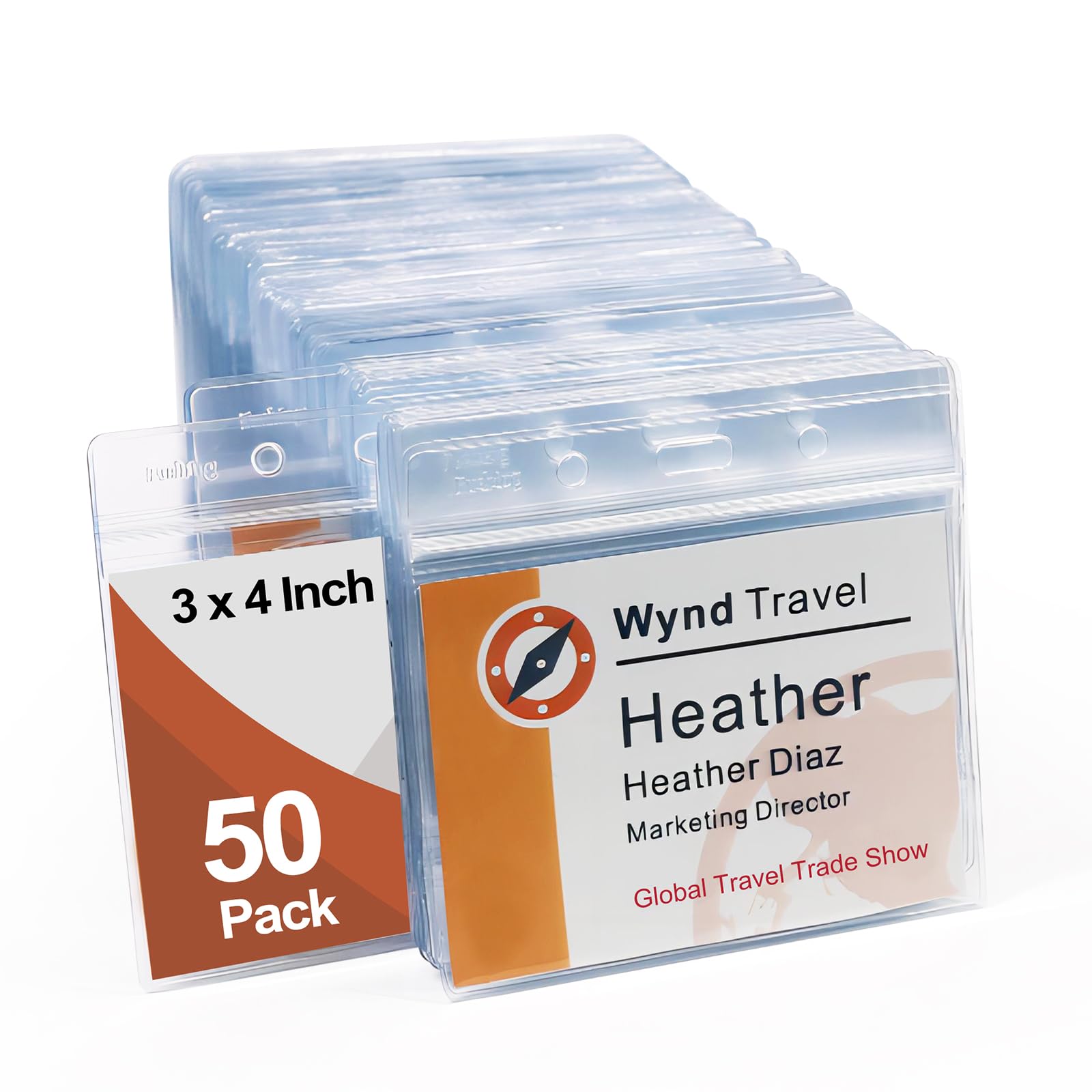 Fushing Clear Plastic Horizontal Name Tag Badge Holders - ID Card Holders for 7.6x10.2cm Badge Inserts (50)