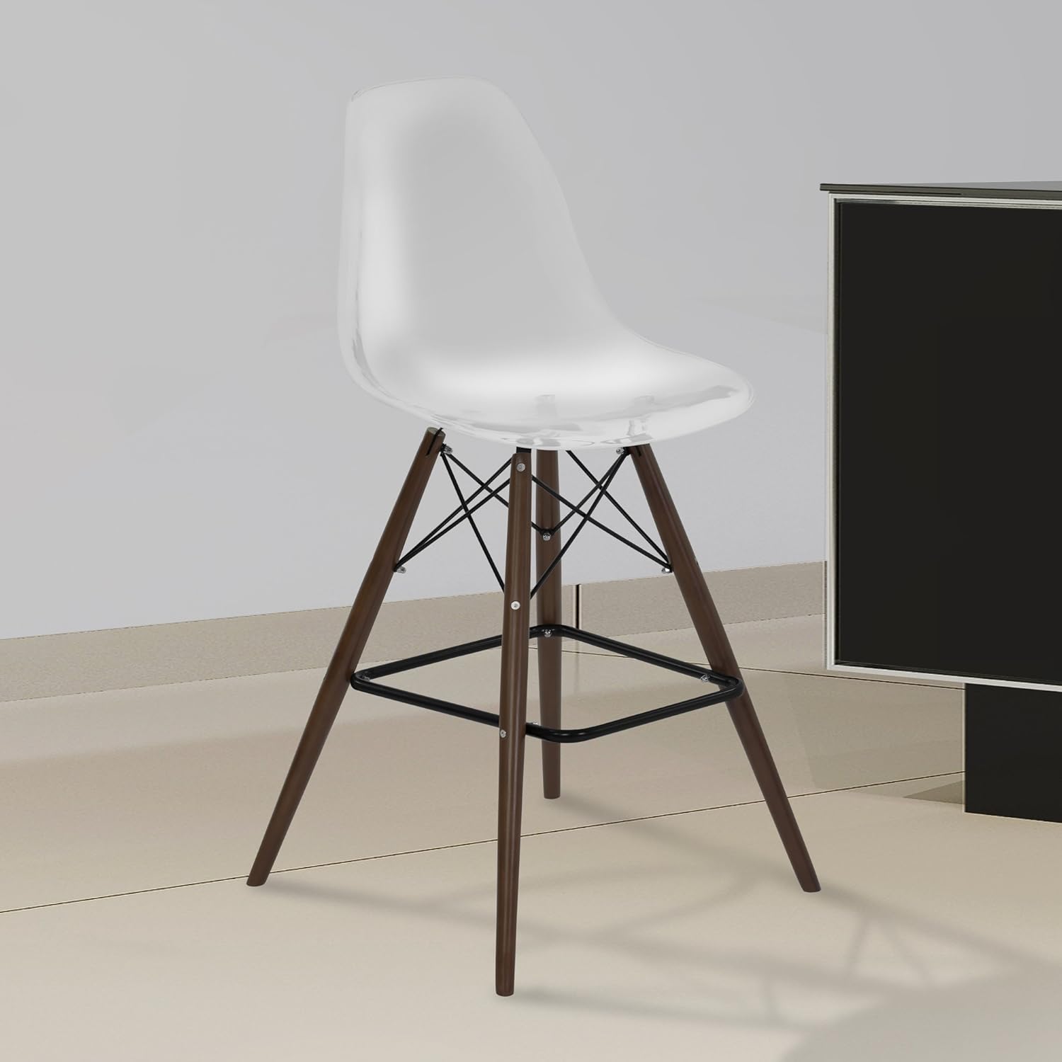 Armen Living Lynx Barstool in Clear and Walnut Wood Finish