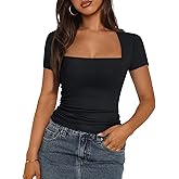 Trendy Queen Women's Square Neck Tops Short Sleeve Shirts Double Lined Workout Summer Clothes Casual Slim Fit T-Shirts