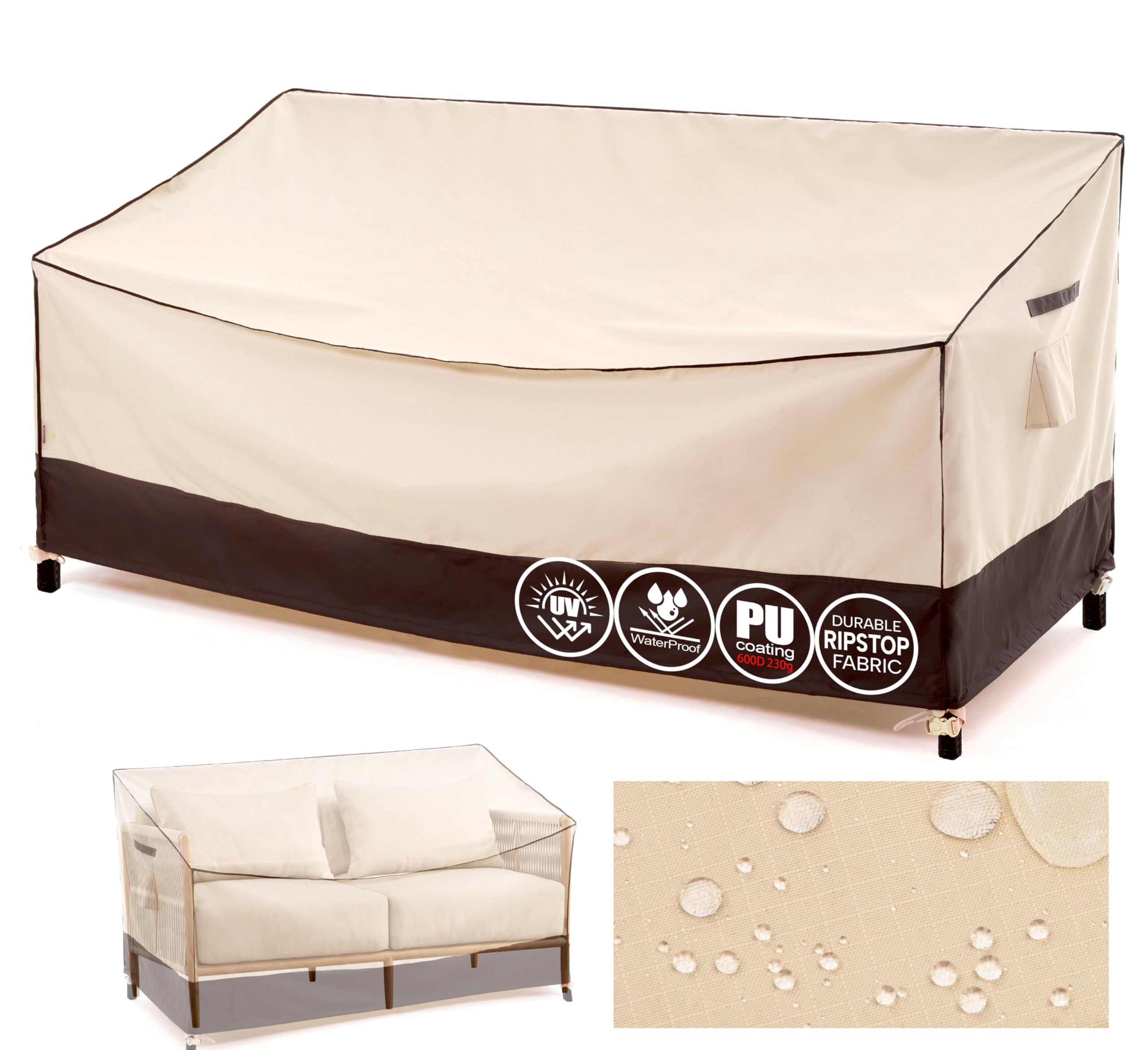 F&J Outdoors Garden Sofa Covers Waterproof 3 Seater Bench Cover Deep Seat Couch Protective Covers Rattan Patio furniture Cover 600D230g PU Coating Rip-stop Fabric (Beige 208x99x61/89cm)