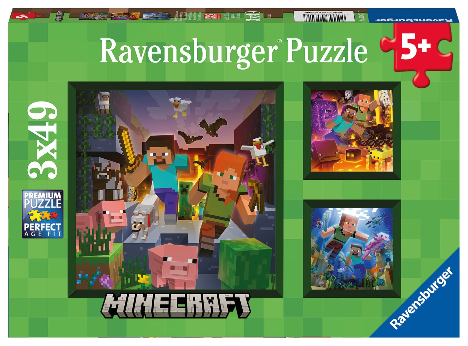 Ravensburger - Minecraft Biomes - 49 Piece Jigsaw Puzzle 3-Pack Set - Pixelated Forests, Oceans & More - Bright, Stunning Imagery - Premium Quality - Ideal Gift - Screen-Free Fun - Children Age 5+