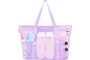 Tagitary Beach Toys Mesh Beach Bag with Zipper and 8 Pockets, Large Beach Tote Waterproof Sandproof for Travel Pool Storage