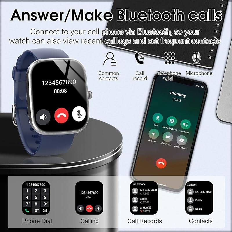 Smartwatch con Effettua/Risposta Chiamate,Orologio Smartwatch Uomo Donna con Contapassi/Sonno/Cardiofrequenzimetro, Fitness Tracker, IP68 Smart Watch per iOS Android A-Blu