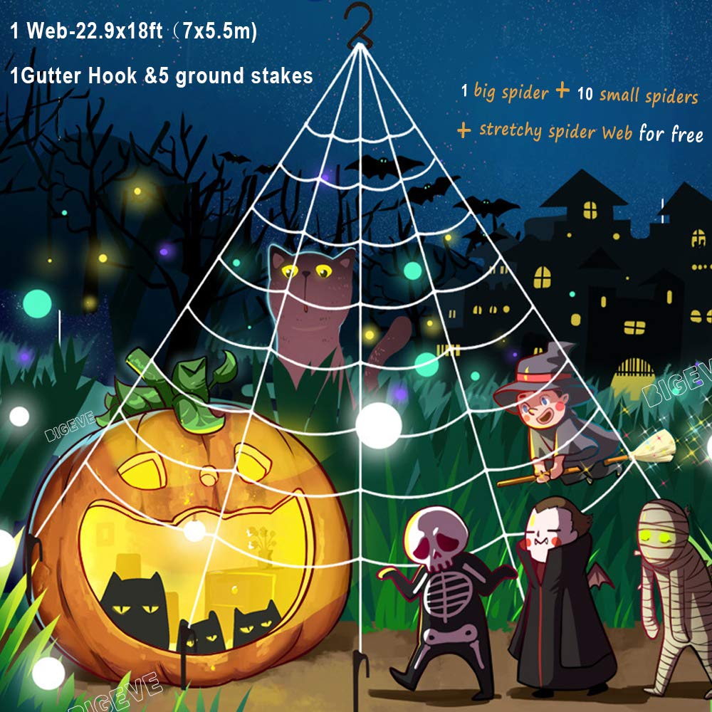 Outdoor Halloween Decorations, Giant Halloween Spider Web Decoration 16.5ft Large Spider Web with 19.7 inch Hairy Spider Stretch Spider Web 10 Plastic Spiders Halloween Party Decorations Supplies Outdoor Yard Decor - White Web