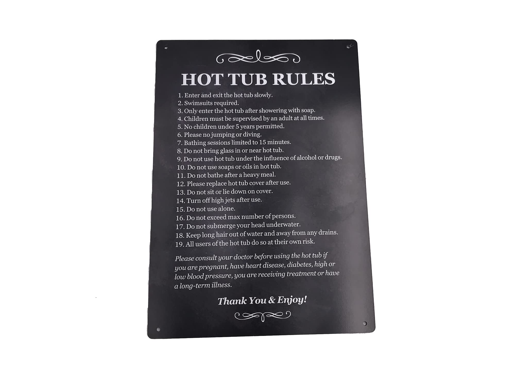 Hot Tub Rules - Black & White Sign for outdoor use with a list of health and safety points about using a hot tub. Ideal for use in holiday accommodation