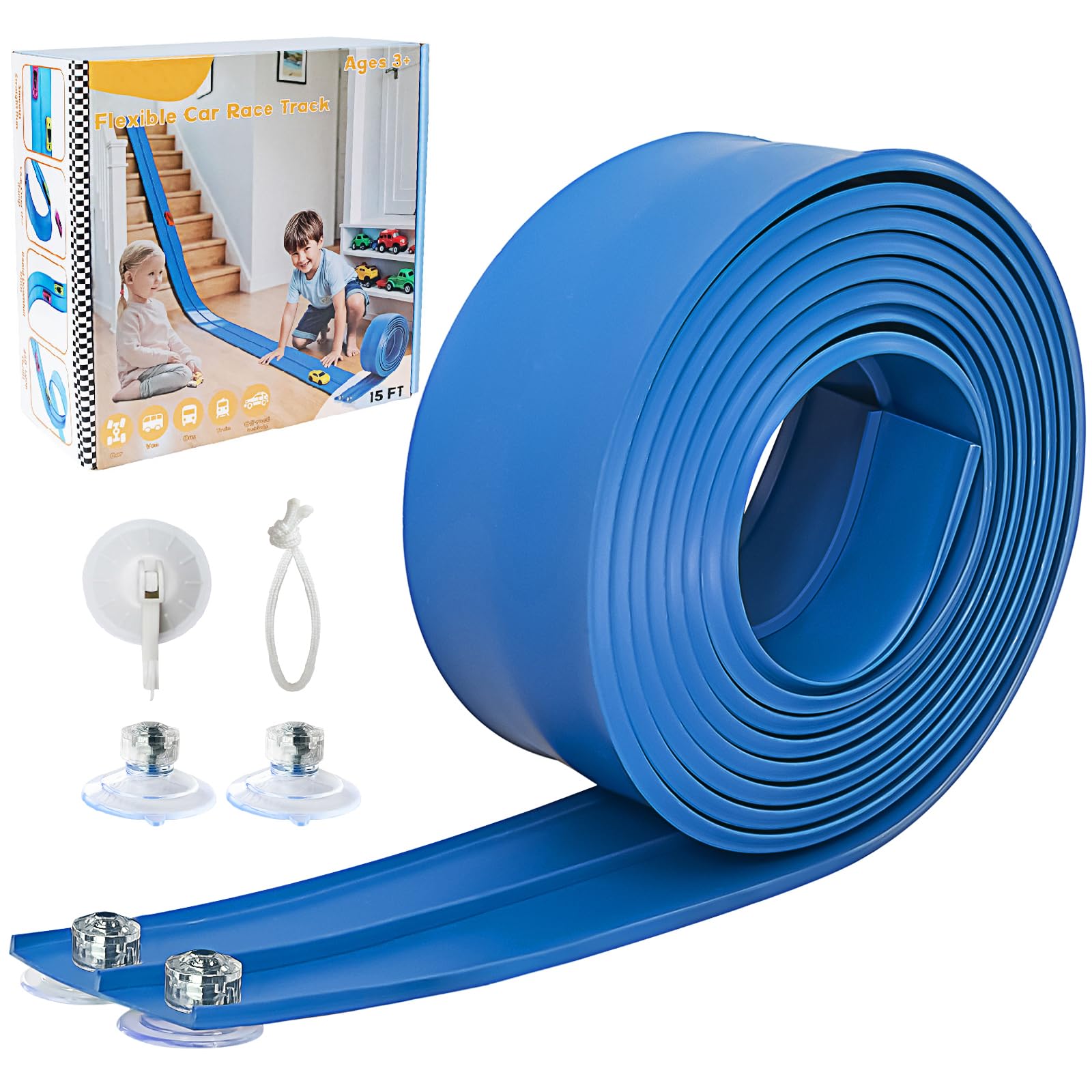 Flex Track 4.5m Starter Set, Flexible Race Car Ramp Track for Ages 3 & Up with Suction Cups Compatible with Diecast 1/64th Cars (Blue)