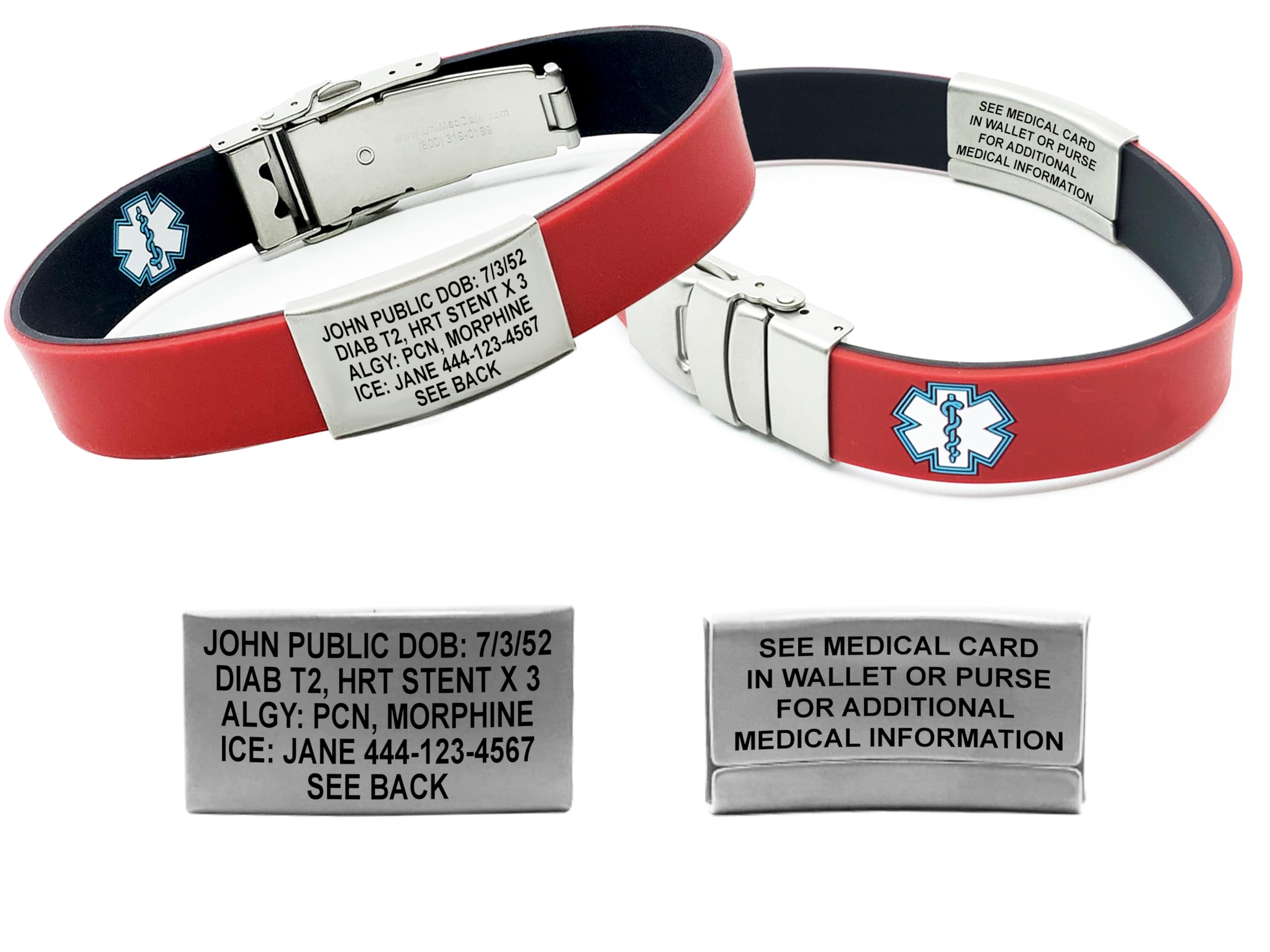 Medical Bracelet Black/Red Reversible Sport Slim, Alert Bracelet, Medic Alert Bracelet for Men and Women, Emergency Information Card, Complimentary Access PHR (Personal Health Record)