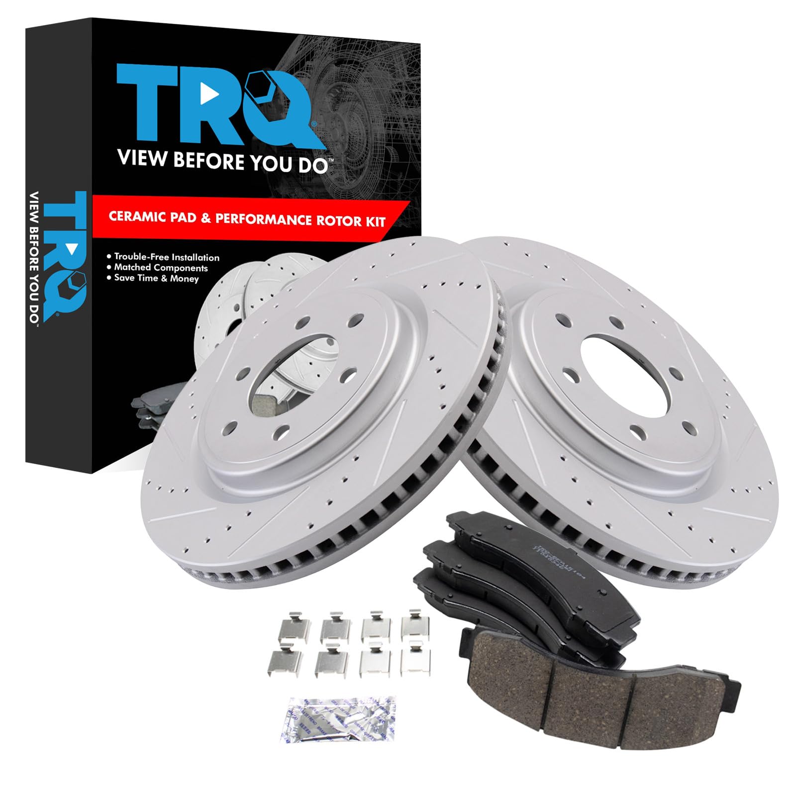 TRQ Front Brake Pad and Rotor Set Ceramic Coated Drilled Slotted Rotors Compatible with 2022 Lincoln Navigator Image