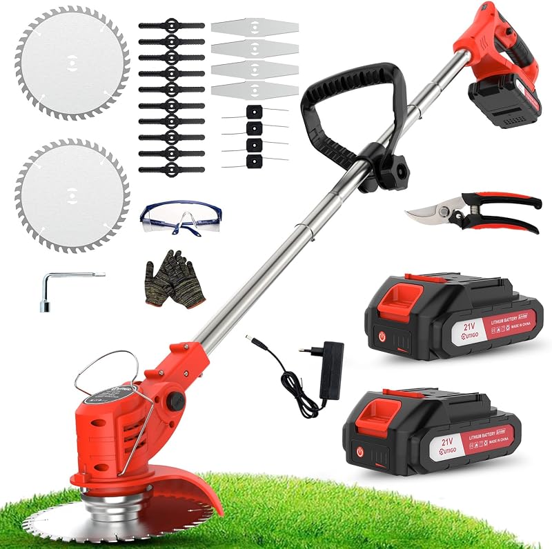 Akku Rasentrimmer mit Akku, Rasenkantenschneider mit 2 Akkus 21V und 4 Messertypen+1 Gartenschere, Verstellbarer Teleskop-Führungsholm Desbrozadoraeléctrico inalámbrico (Rot-FBA)