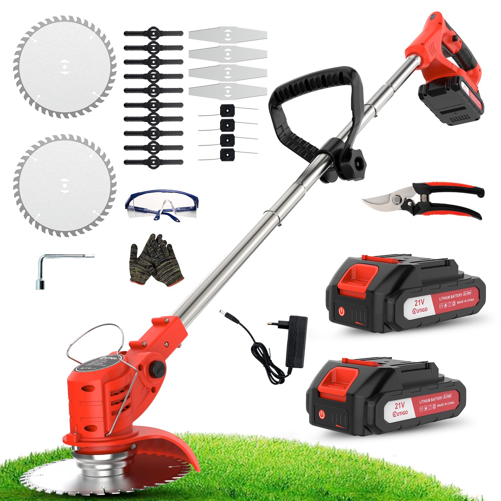 OUTIGO Akku Rasentrimmer mit Akku, Rasenkantenschneider mit 2 Akkus 21V und 4 Messertypen+1 Gartenschere, Verstellbarer Teleskop-Führungsholm Desbrozadoraeléctrico inalámbrico (Rot-FBA)