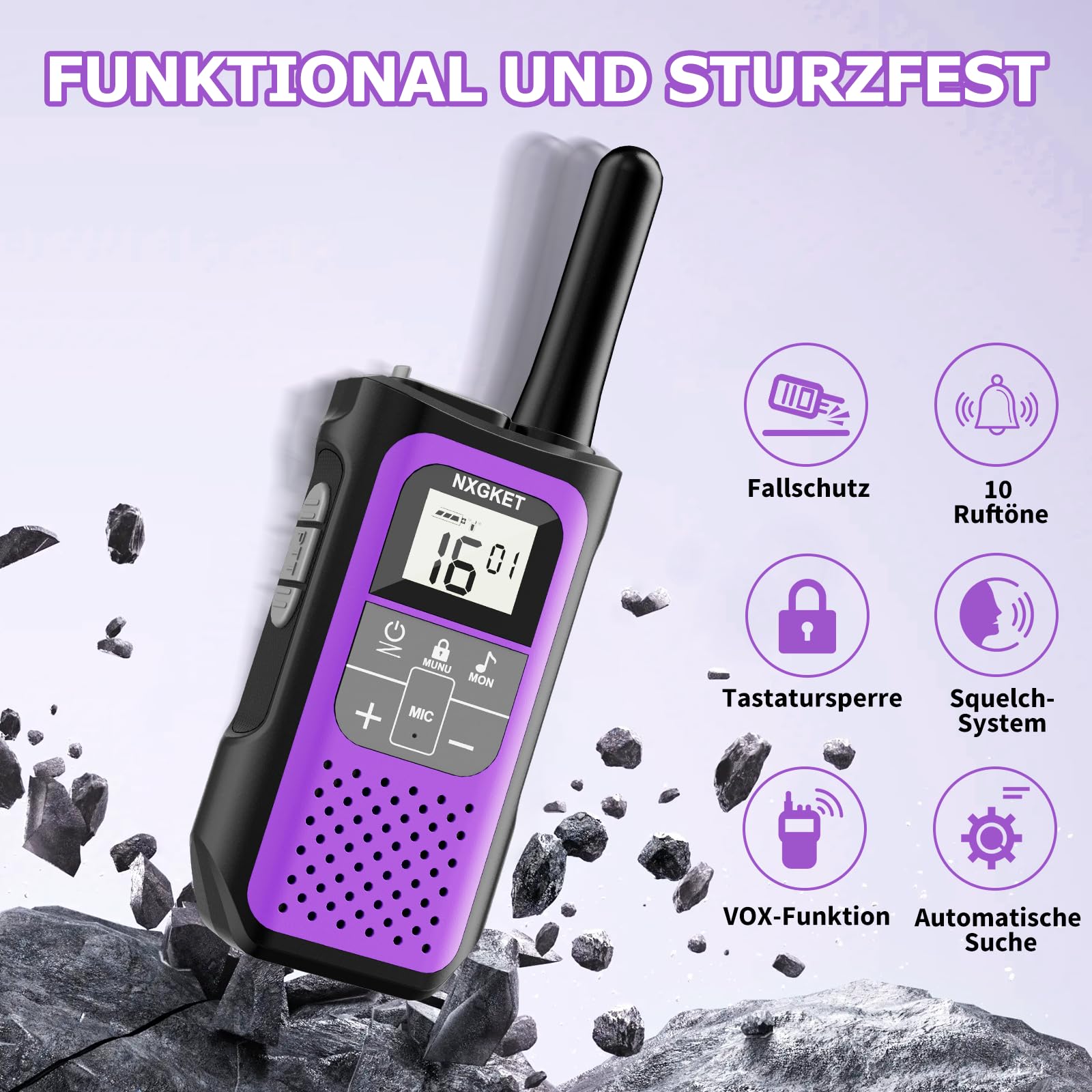 Walkie Talkie 3er Set, NXGKET Walki Talki für Kinder Erwachsene, Große Reichweite 5km Funkgeräte Set mit 1200mAh Aufladbar Akku, 16 Kanal VOX Walky Talky für Camping, Freien, Skifahren, Wandern 2