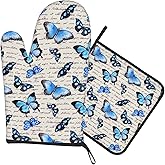 Vintage Blue Butterfly Oven Mitt and Pot Holder Set Oven Glove for Kitchen Baking Cooking Grilling