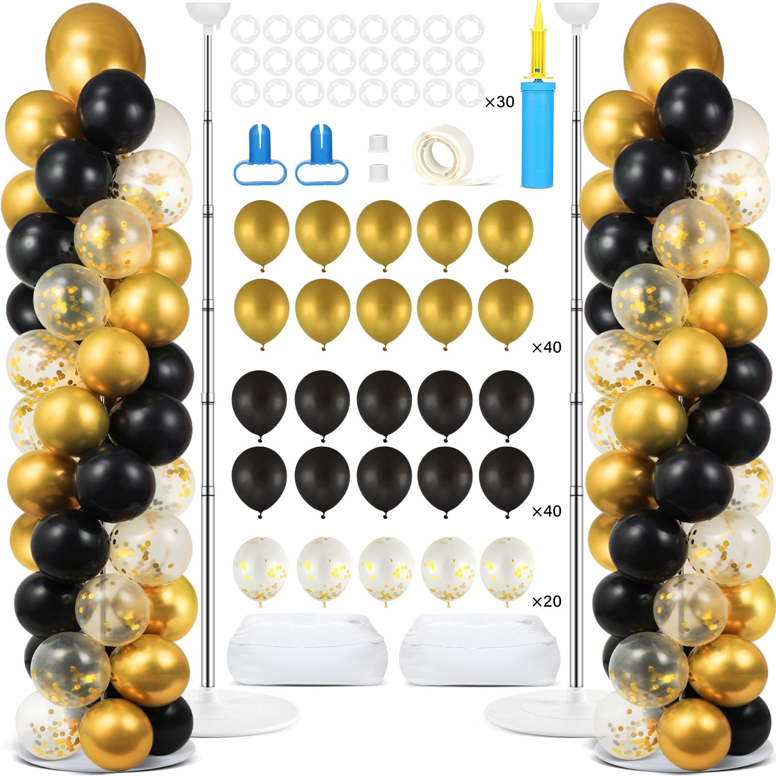 Photo 1 of 2 Set Black and Gold Balloons Column Stand Kit with 100 Balloons Adjustable Balloon Stand with Bases for Floor Black Gold Confetti Balloon Column Kit for Bridal Shower Valentine Birthday Party Decor