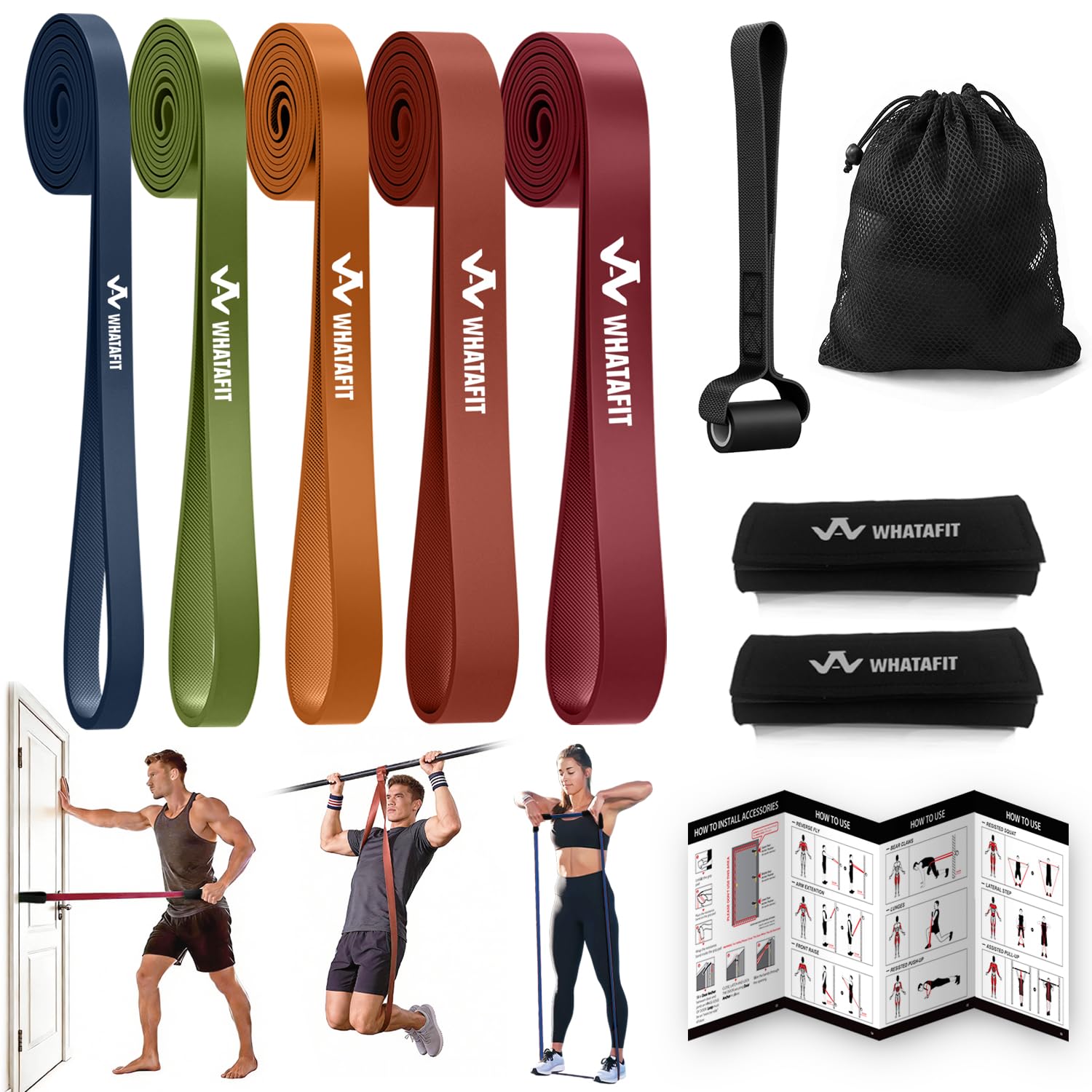 WHATAFIT Resistance Bands,Pull Up Assist Bands Set with Handles, Exercise & Workout Bands with Door Anchor for Men & Women – Home Fitness Equipment for Strength Training, Stretching Image