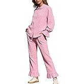 Tanming Womens Two Piece Gingham Pajamas Sets Long Sleeve Plaid Button Down Shirt Ruffle Pants Lounge Pj Set