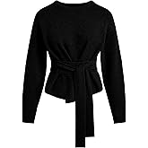 Yeokou Women Tie Front Sweater Soft Loose Long Sleeve Crew Neck Belt Knit Pullover Top Office Dressy