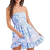 Women's Floral Tube Top Dress Casual Summer Strapless Mini Dresses Lace Patchwork Cute Ruffled Flowy Short Sundress