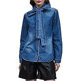 Women's Bow Tie Denim Shacket Jacket Button Down Long Sleeve Jean Shirt Tops