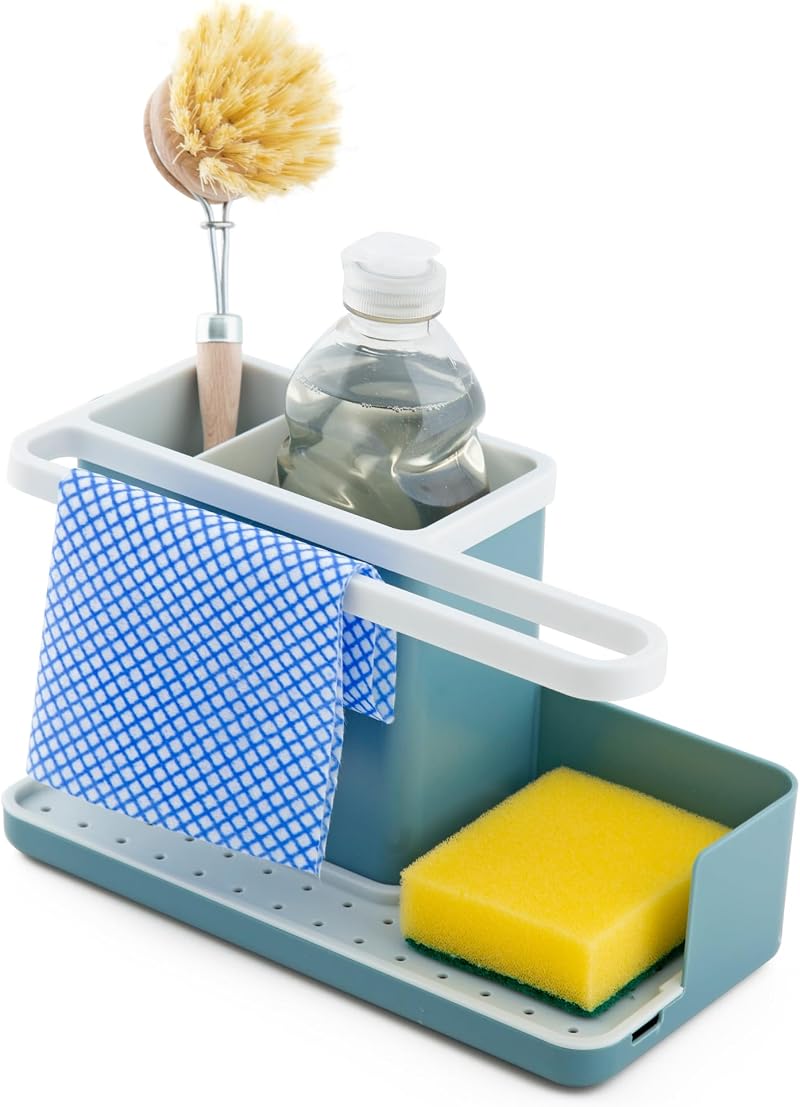 simplywire Sink Tidy/Caddy Kitchen Organizer Teal White Removable Drip Tray