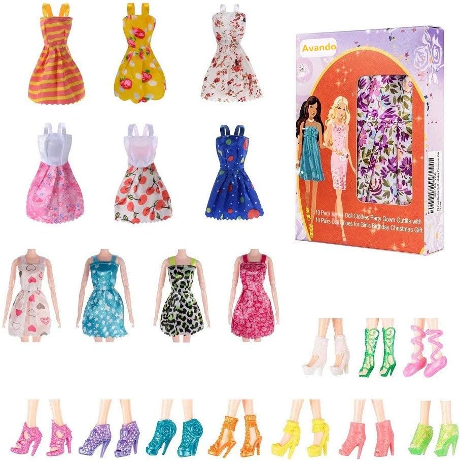 Avando 20PCS Doll Accessories, 10x Mix Cute Dresses 10x Shoes Dresses Gown with Shoes Outfit Set for Xmas Birthday Gift for Barbie Doll
