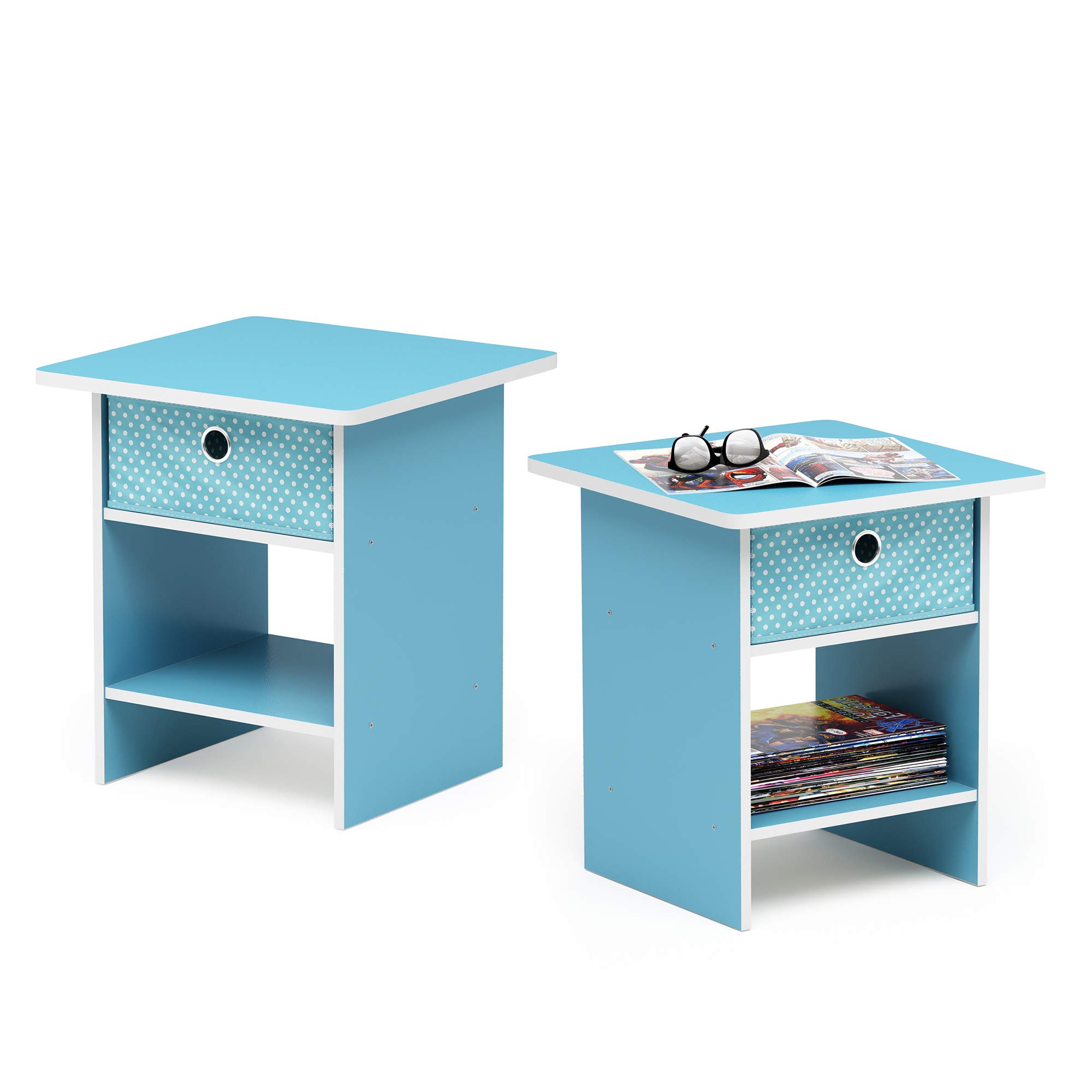Furinno Dario End Table/ Night Stand Storage Shelf with Bin Drawer, Light Blue/Light Blue, Set of 2