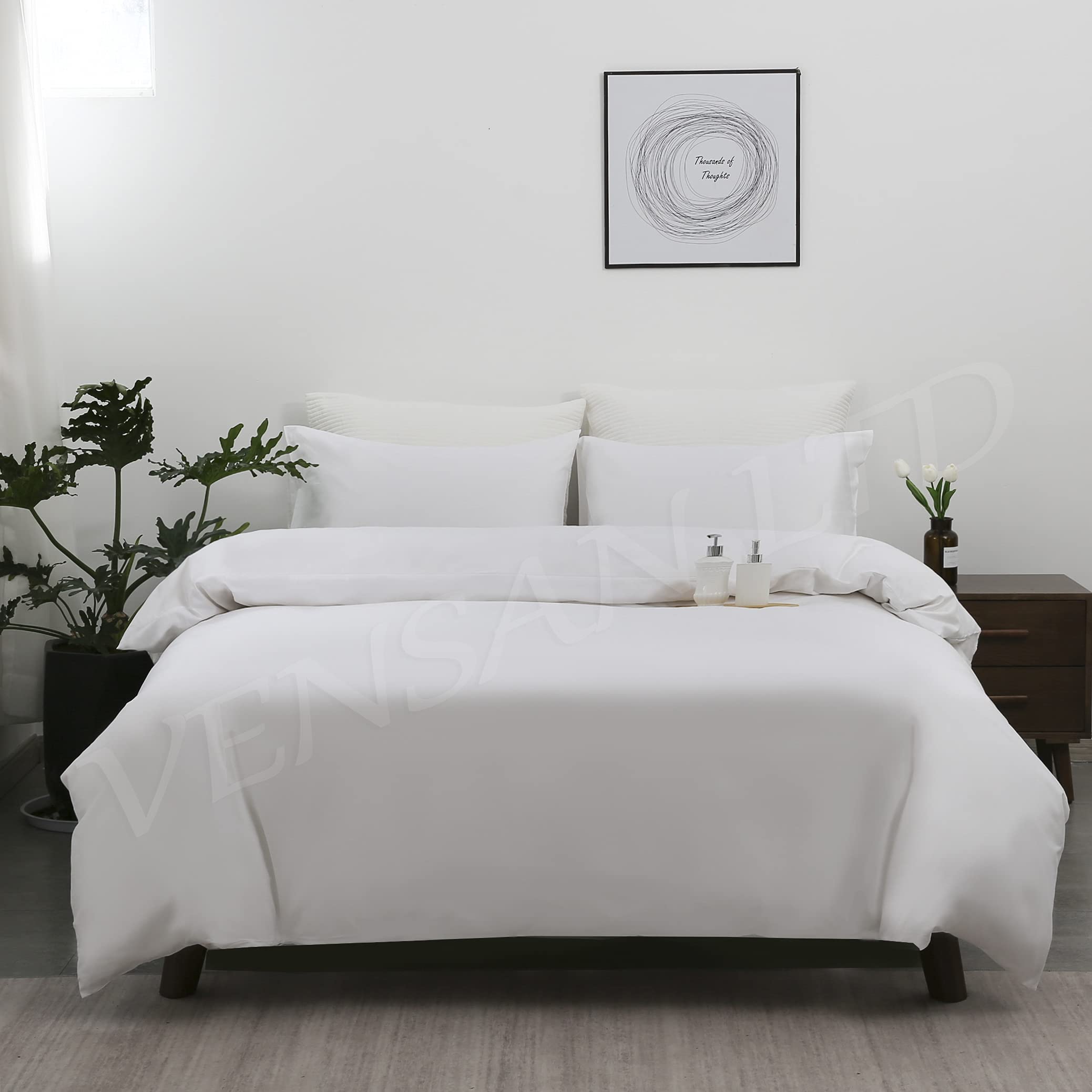 Vensan Duvet Cover & 2 Pillowcases Bed Set, Size: Double, 100% Cotton, 300 Thread Count, White, 5 Star Hotel Quality. Natural Breathable Lightweight โ image 1